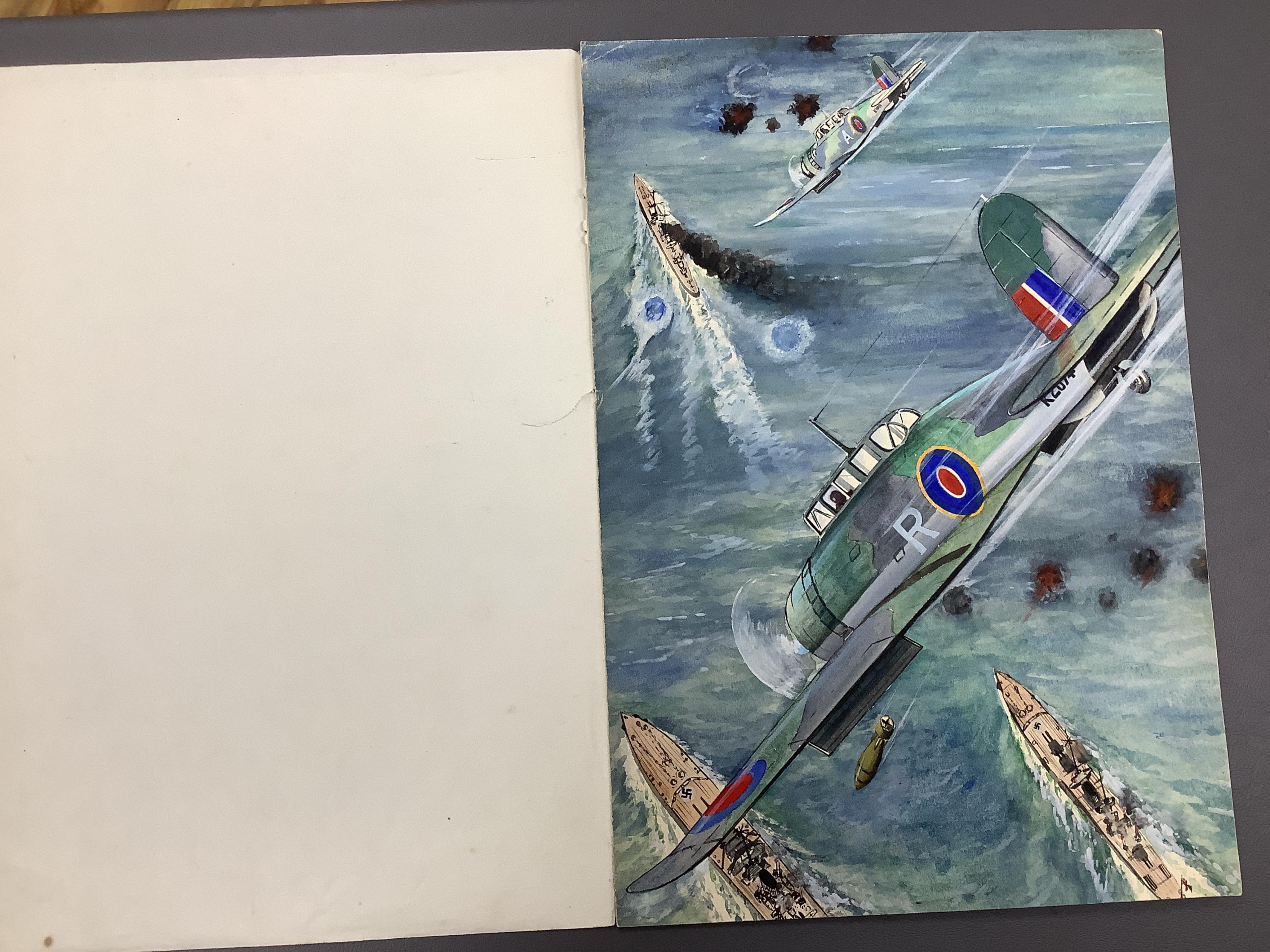 AFD Bannister, set of three original WWII watercolours for post card designs, Fleet Air Arm Aircraft to include ‘Blackburn Skuas attacking German Warships’ and ‘Fairey Albacore Torpedo Carriers Attacking a German Convoy’
